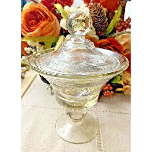 Tiffin Glass Lidded Candy Dish with Gold Engraved Flowers – 9” Tall - Picture 1 of 7